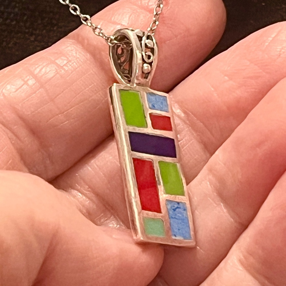 Multi Stone Inlay Sterling Pendant on Sterling Chain 20”
